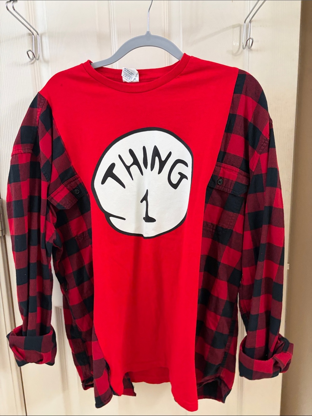 Red 'Thing 1' Long-Sleeve Shirt with Buffalo Plaid Panels